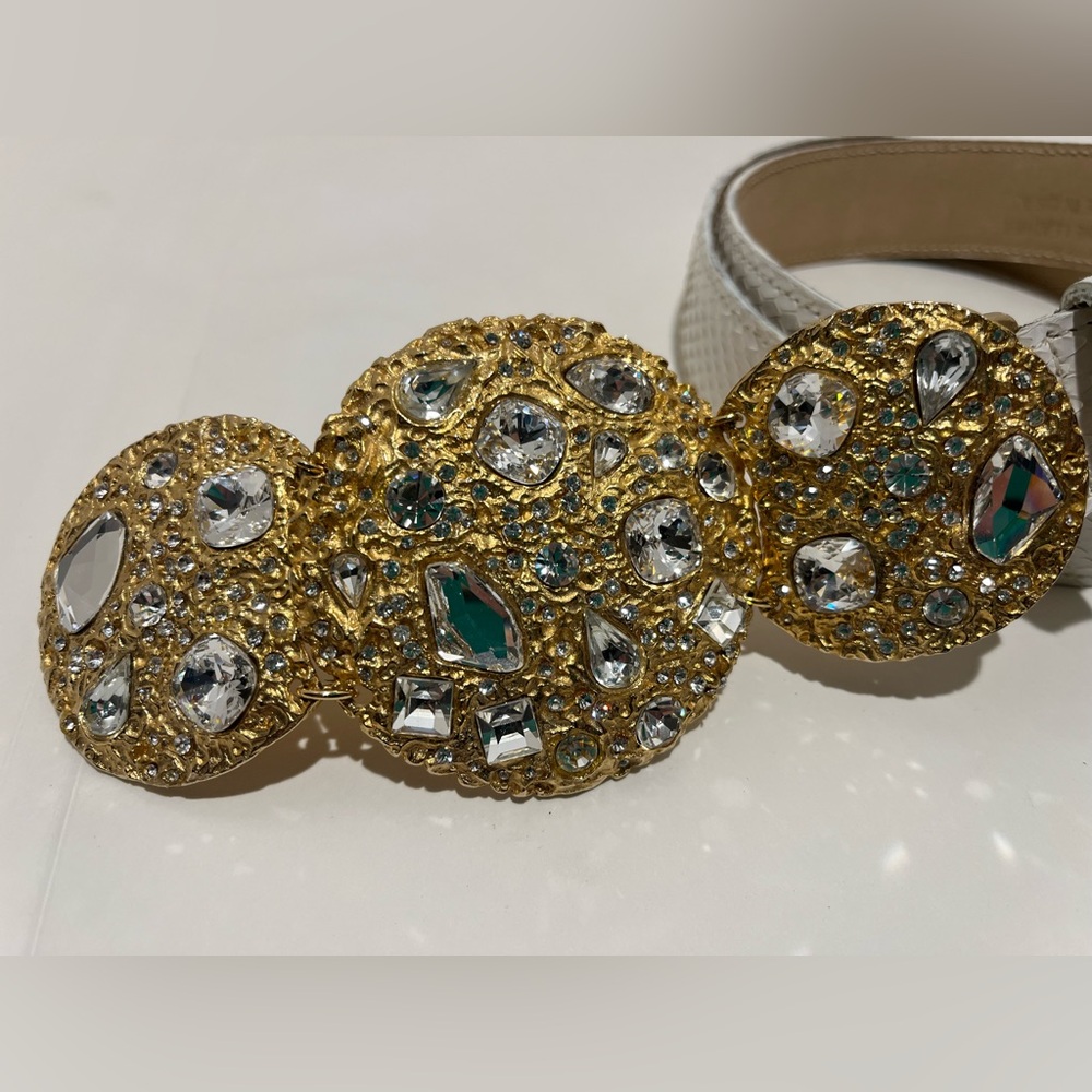 Chunky White Snakeskin Belt with Huge Shimmering Rhinestone & Gold Buckle, NWT
